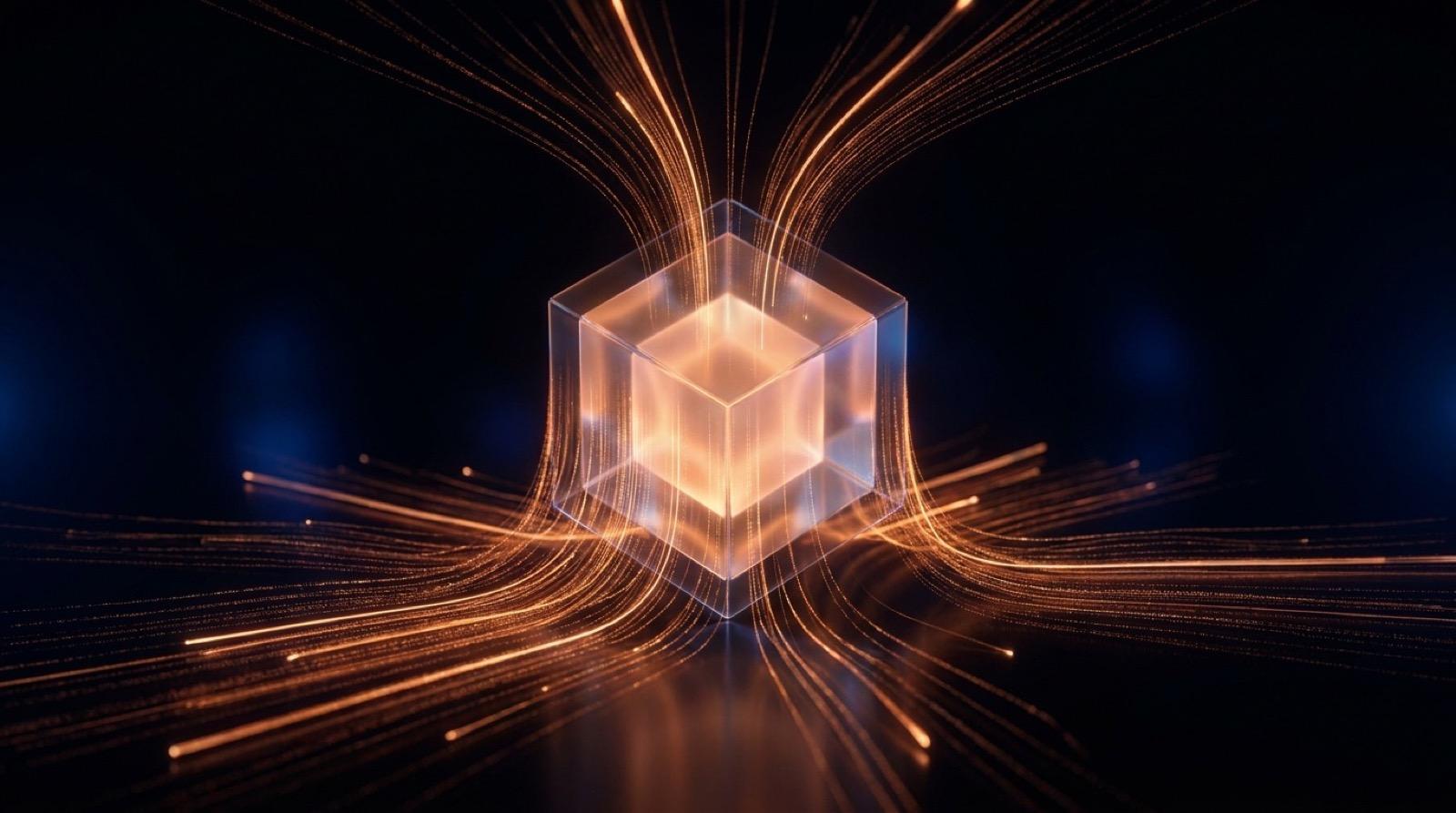 Glowing orange data streams converging into a luminous digital core on a black background